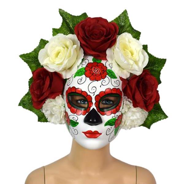 Μάσκα για την ημέρα των νεκρών με κόκκινα-λευκά λουλούδια 